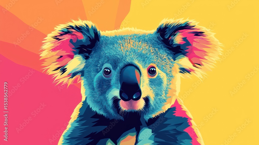 Obraz premium Vibrant koala portrait, pop art style, on colorful background, suitable for print or digital media