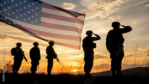 Veterans Day  Soldiers Saluting with American Flag at Sunset