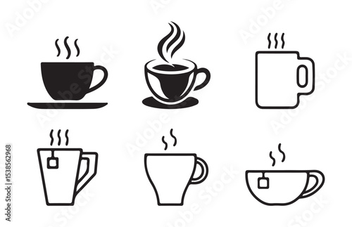 Collection of Steaming Coffee Mugs – Silhouette and Outline Icons