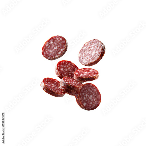 Traditional multiple slices of Spanish chorizo sausage,deep red-orange color,isolated on transparent background, PNG