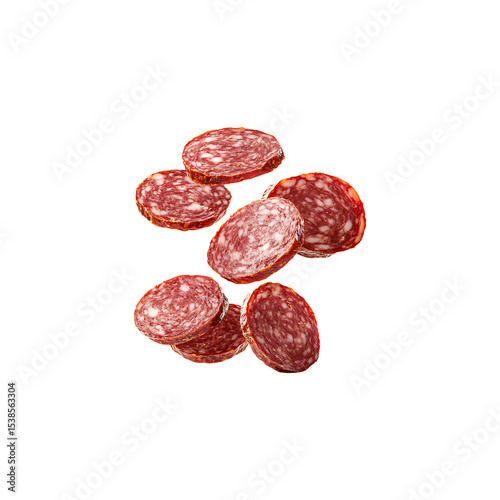 Authentic multiple slices of Spanish chorizo sausage, deep red-orange color, isolated on transparent background, PNG