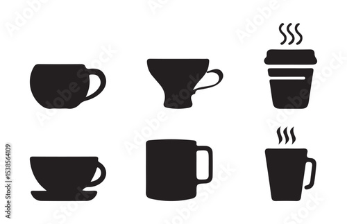 Coffee and Tea Cup Icon Collection – Black and Line Art Style