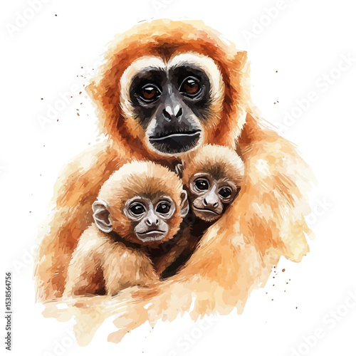 A Mother Gibbon With Her Kid, watercolor drawing vector, isolated on a white background.