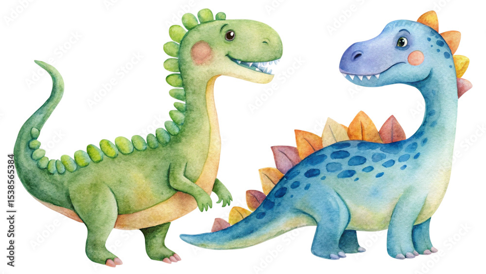 Fototapeta premium Cartoon Dinosaurs – Green and Orange Duo Illustration Transparent Background