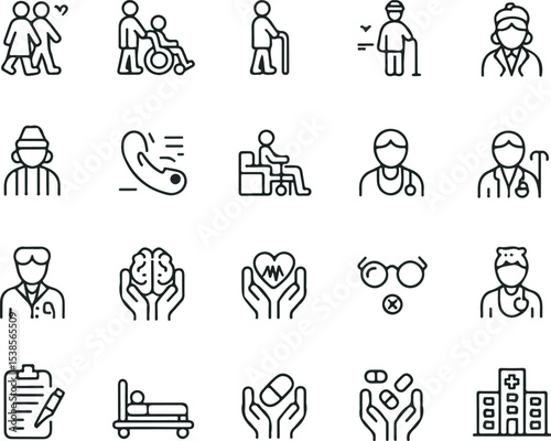 Black Outline Icons Set Elderly Care Healthcare Medical Symbols Senior People Doctor Hospital Wheelchair Cane Pills