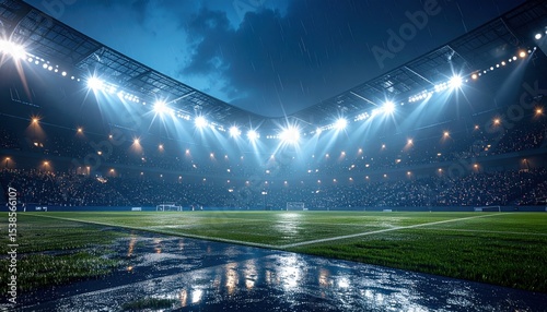View of a soccer stadium with floodlights and rain