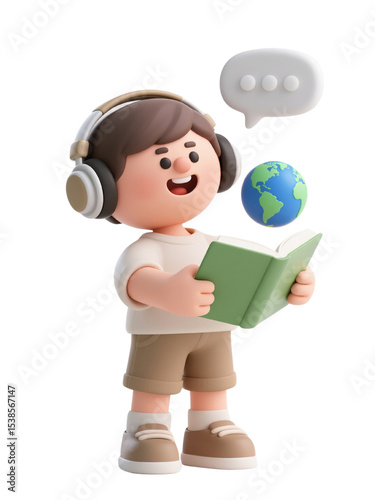 3D cartoon boy wearing headphones and holding an open book with a globe and speech bubble floating nearby, symbolizing language learning, communication, and global education, isolated on white