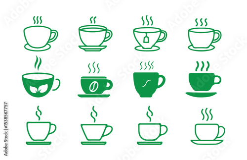 Green tea and coffee cup and teapot silhouette. vector illustration eps 10