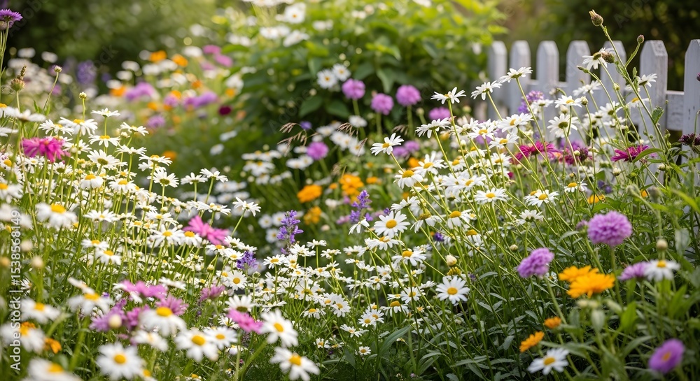 Fototapeta premium Vibrant Summer Wildflower Meadow with Daisies, Blooming Near a White Picket Fence