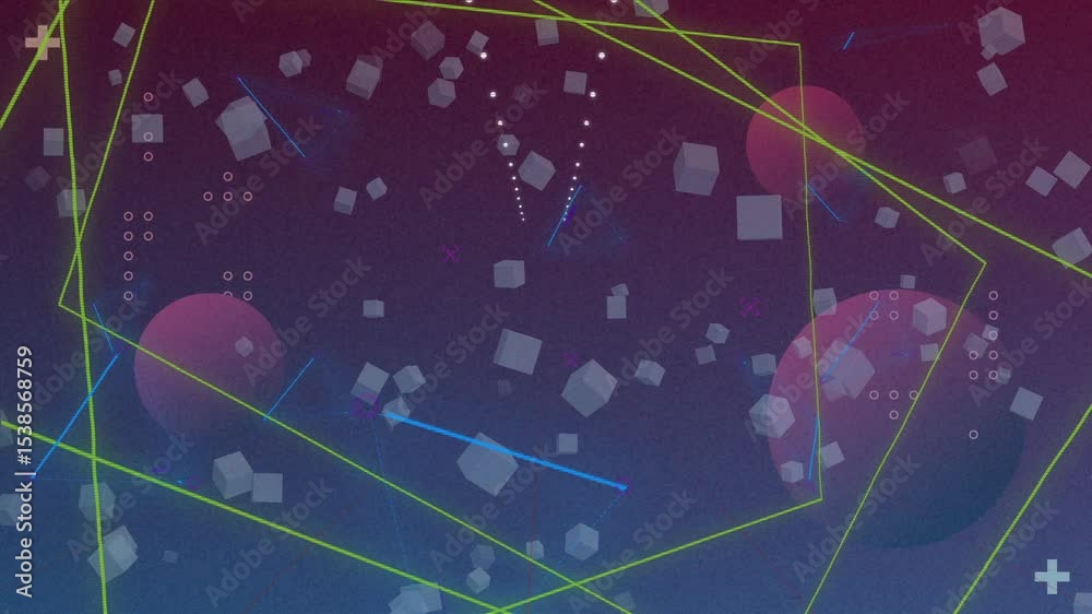 Opening scene, cubes floating around neon wireframe polygon in digital space, with dotted trails