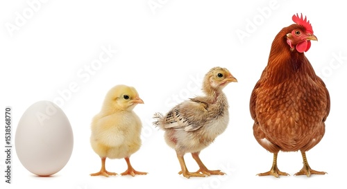 Life Cycle of a Chicken: Egg, Chick, Adolescent, and Adult Hen Stock Photo