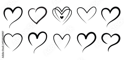 Set of hearts in black color, heart icons set vector, set of hearts different shapes for design. Heart collection. Vector art. Heart, love, romance hearts. Vector icons. Hand drawn hearts tattoo set