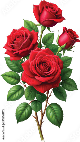 Red roses bouquet with vibrant green leaves. Beautiful red roses with green leaves. Fresh red roses on a white background. Elegant red roses for romantic occasions