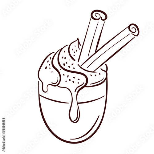 Coffee cup with whipped cream and cinnamon sticks in line art style. Perfect for cafe delivery packaging, bakery wallpaper isolated on white background.
