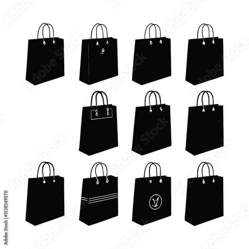Shopping Bag Icon Set: A collection of twelve diverse shopping bag icons, perfect for e-commerce, retail, and branding applications. Each bag showcases a unique design element.