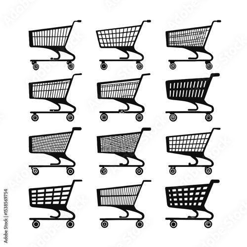 Shopping Carts Variety: A comprehensive illustration showcasing a diverse array of shopping cart designs, perfect for retail, shopping, and commerce themes.