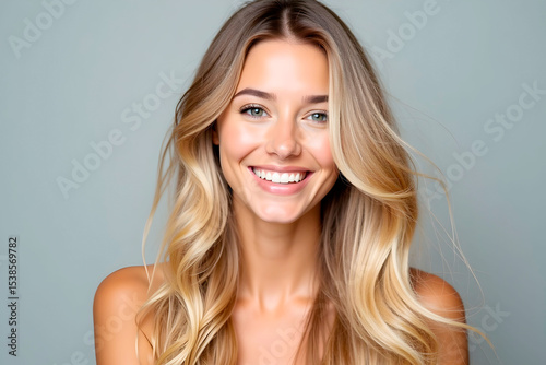 portrait of a young woman beautiful girl woman blonde with gorgeous white curly hair smiles with white teeth for advertising shampoos creams toothpastes on neutral gray background