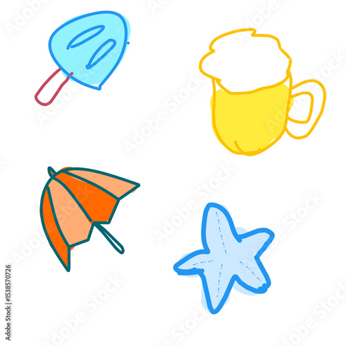 Summer Doodle Icon Set – Ice Cream, Beer Mug, Beach Umbrella, and Starfish