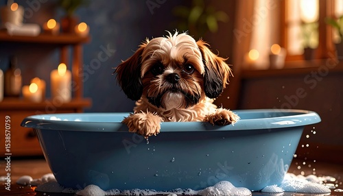 Puppy in a bathtub with foamy water and candles