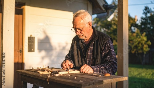 Man that is sitting at a table with a piece of wood