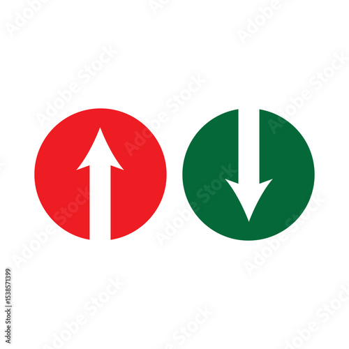 Red up arrow and green down arrow on a white surface