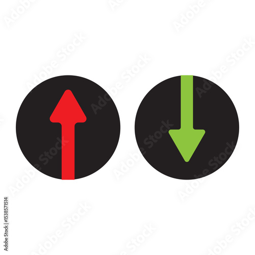 Red up arrow and green down arrow on a white surface