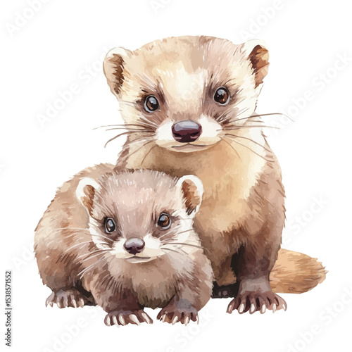 A Mother Ferret With Her Kid, watercolor painting vector, isolated on a white background.