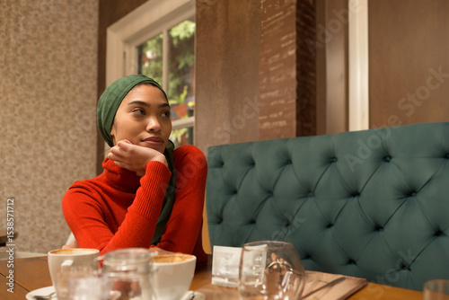 Woman wearing green headscarf and red sweater gazing at cafe table with cappuccino, copy space photo
