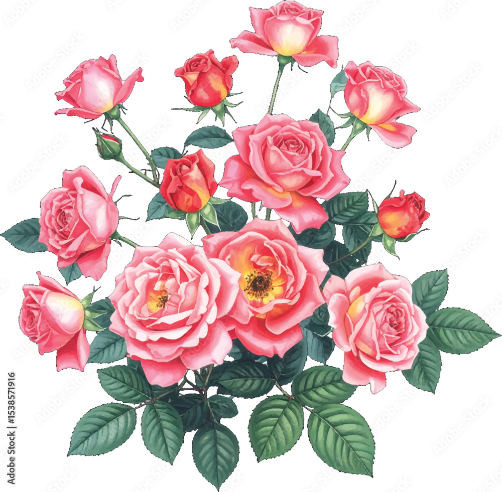 Naklejka premium pink roses arrangement with blooming flowers. pink roses with a touch of orange in the bouquet. Artistic pink roses bouquet with lush green leaves. Bright pink roses in full bloom surrounded by buds