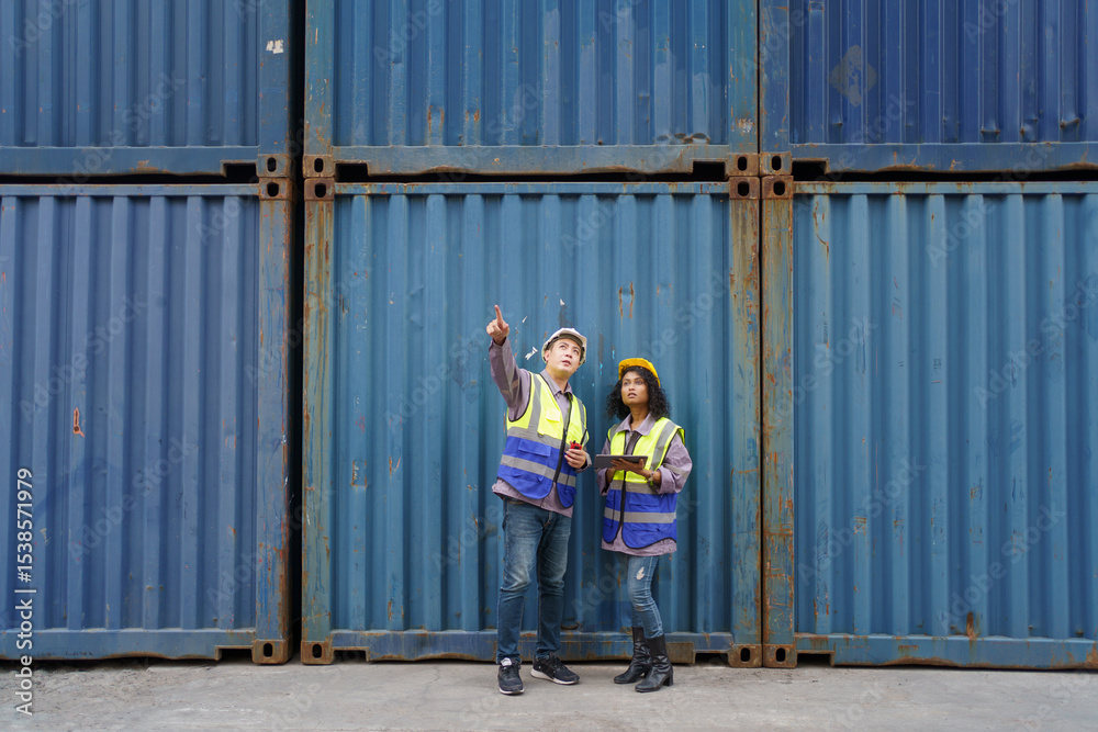 Fototapeta premium Businesswoman and logistic or shipyard engineer have a discussion or business due at container yard.