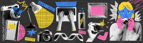 Kit of scrapbook crumpled elements theme of photography. Creative work collection. Set of vector isolated illustrations. Zine popart cartoon arts