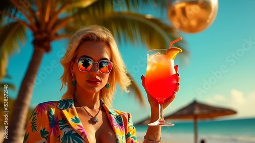 Fashionable woman with drink at tropical beach resort
