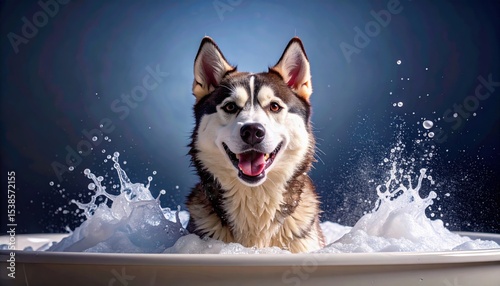 Husky dog in a bathtub with water splashing on it