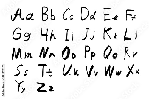 Alphabet and numbers are handwritten in black pen scrawl on white background. Doodle style English letters are uppercase and small in different styles. Numbers drawn black capillary pen.
