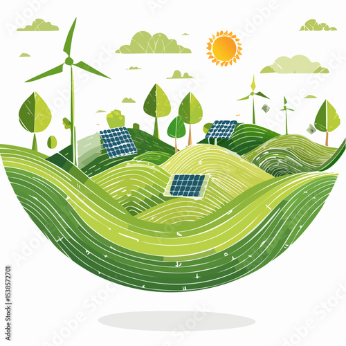 Sustainable energy landscape depicted in a stylized, rounded illustration.