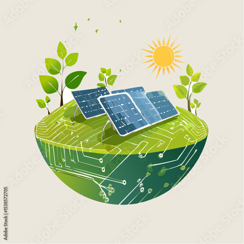 Sustainable solar energy solution on a green planet, powered by the sun.