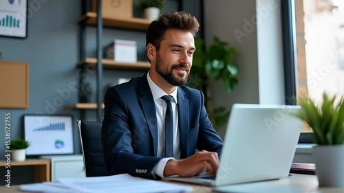 Businessman working on laptop in office

