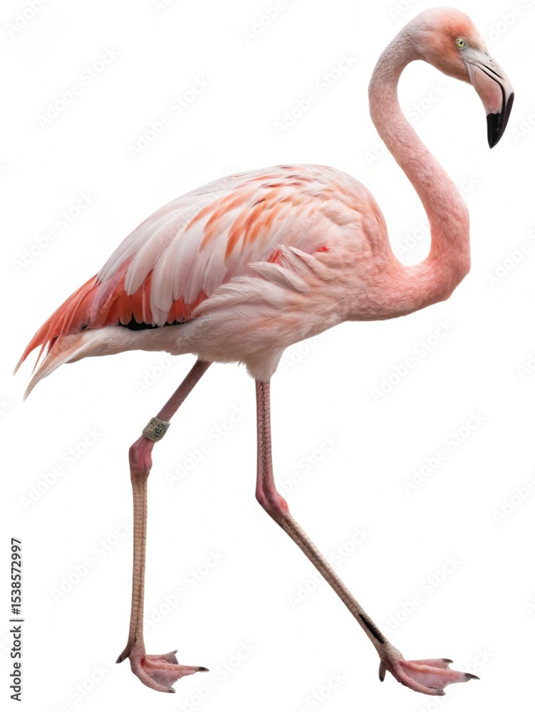 Fototapeta premium Pink Flamingo Strolling Sideways on a White Background