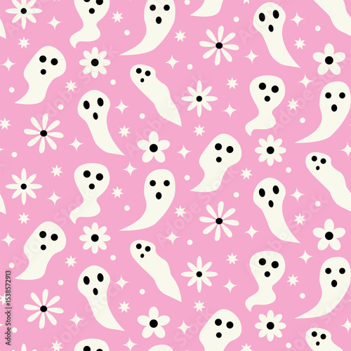 White Small Ghosts seamless pattern with retro flowers and stars on pink background. For Halloween Fabric, textile and wrapping paper