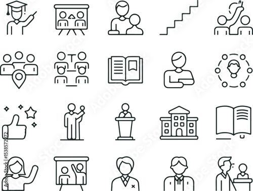 Collection of Black and White Line Icons Depicting Education Teamwork and Learning Concepts Including Students
