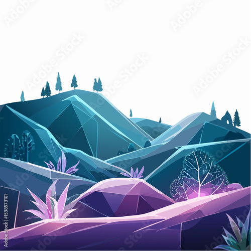 Low-poly stylized illustration of a mountainous landscape with trees and foliage.