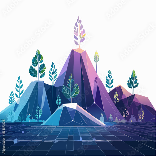Stylized landscape of vibrant, geometric mountains with flourishing plants.