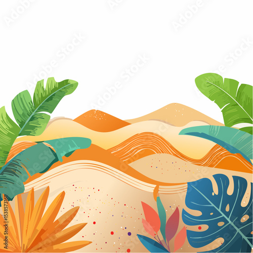 Illustration of a stylized desert landscape with sand dunes and tropical foliage in vibrant colors.
