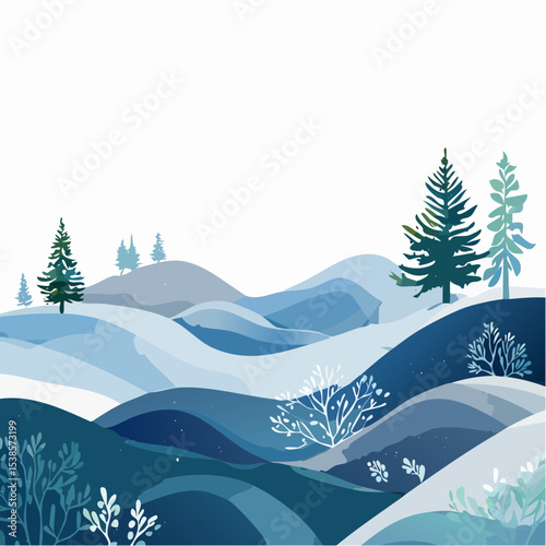 Winter landscape with rolling hills covered in snow and scattered evergreen trees, rendered in watercolor style.