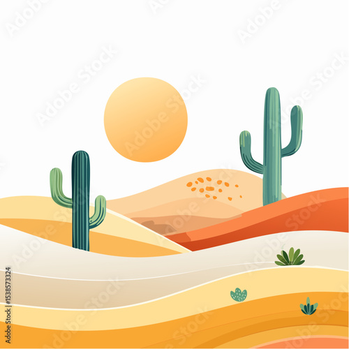 A stylized desert landscape featuring two cacti under a large sun, with gently rolling sand dunes.