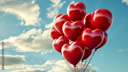 Heart-shaped balloons against blue sky and clouds, playful and uplifting composition. Valentine's Day