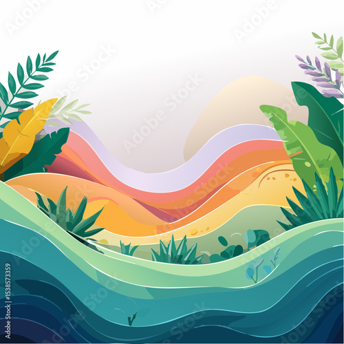 Vibrant paper-cut landscape featuring rolling hills, lush tropical foliage, and a serene sunset.