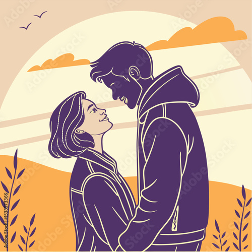Illustration of a couple gazing at each other with birds and clouds in the background with plants
