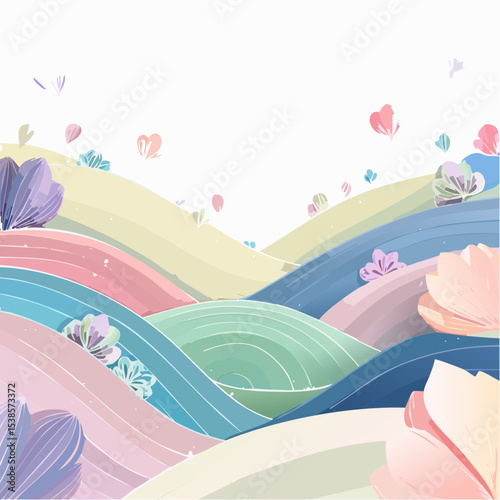 A whimsical illustration depicting rolling hills in pastel colors with scattered flowers and butterflies.