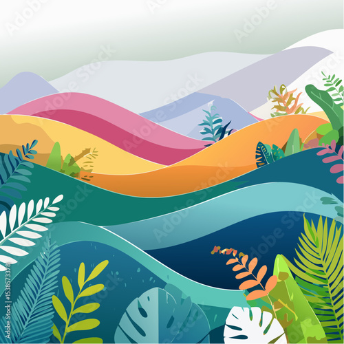 Colorful layered landscape illustration with rolling hills, stylized plants, and a gradient sky.